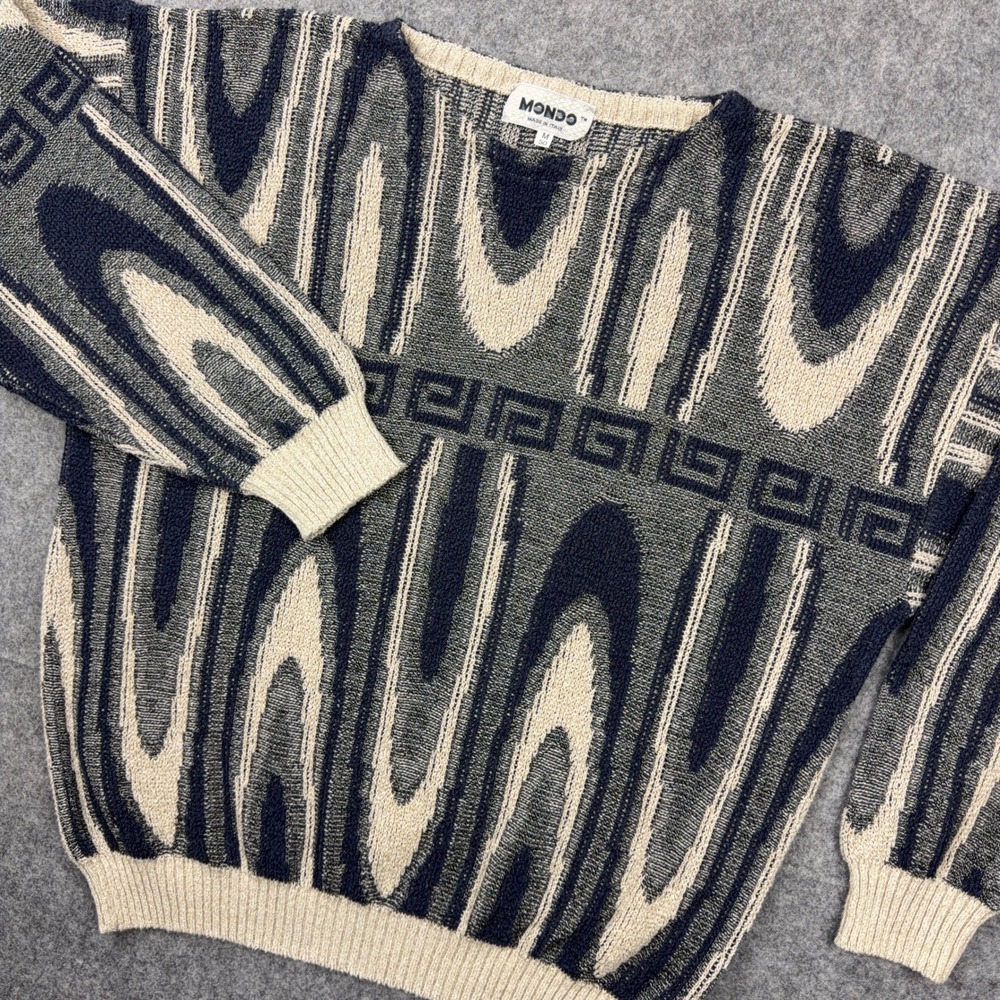 VTG Mondo Sweater Mens Medium Beige Gray Abstract Geometric 3D Knit Italy 90s
